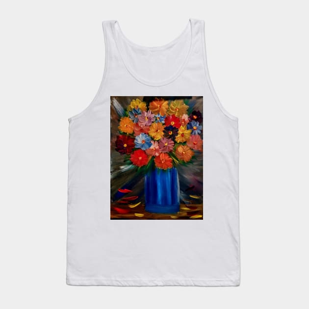 Some a lovely simple bouquet of flowers in blue vase Painted on a metallic gold and multiple colors blend. Tank Top by kkartwork